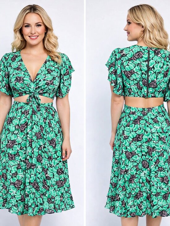 Rose Velvet Dresses & Skirts - Rosevelvet Floral Cutout Midi Dress Mint Green Puff Sleeve Tie Front Boho Size M